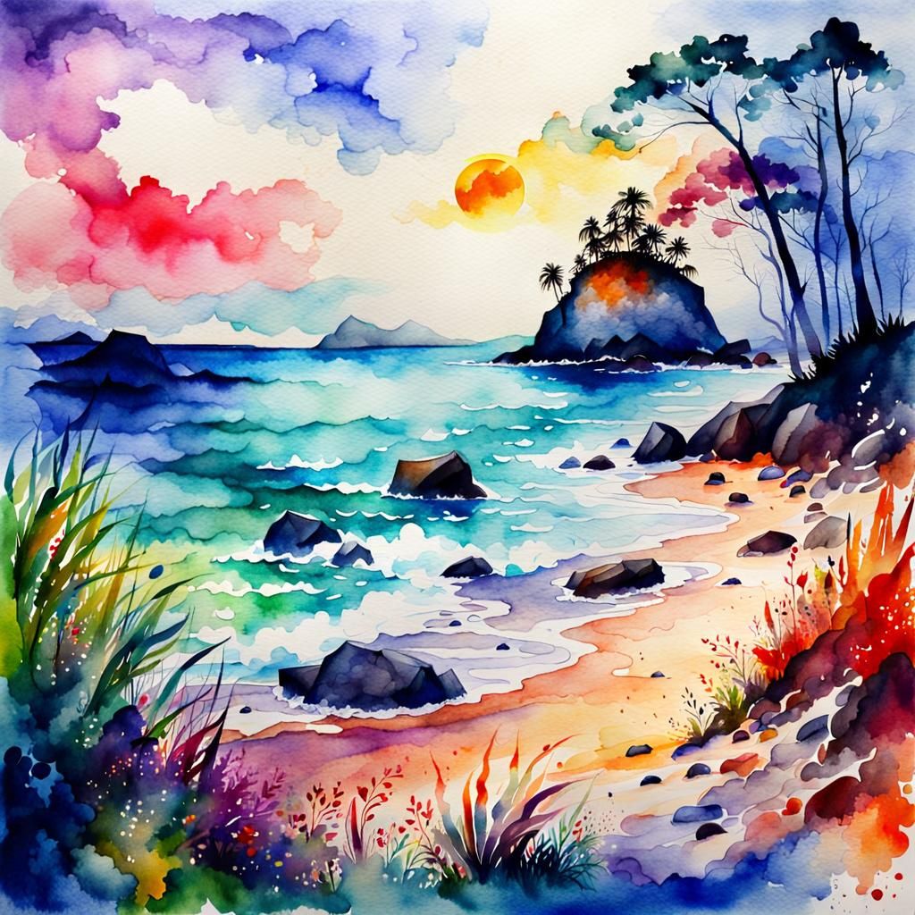 Mysterious island shore. Watercolor vivid  by @FleurTerreur
