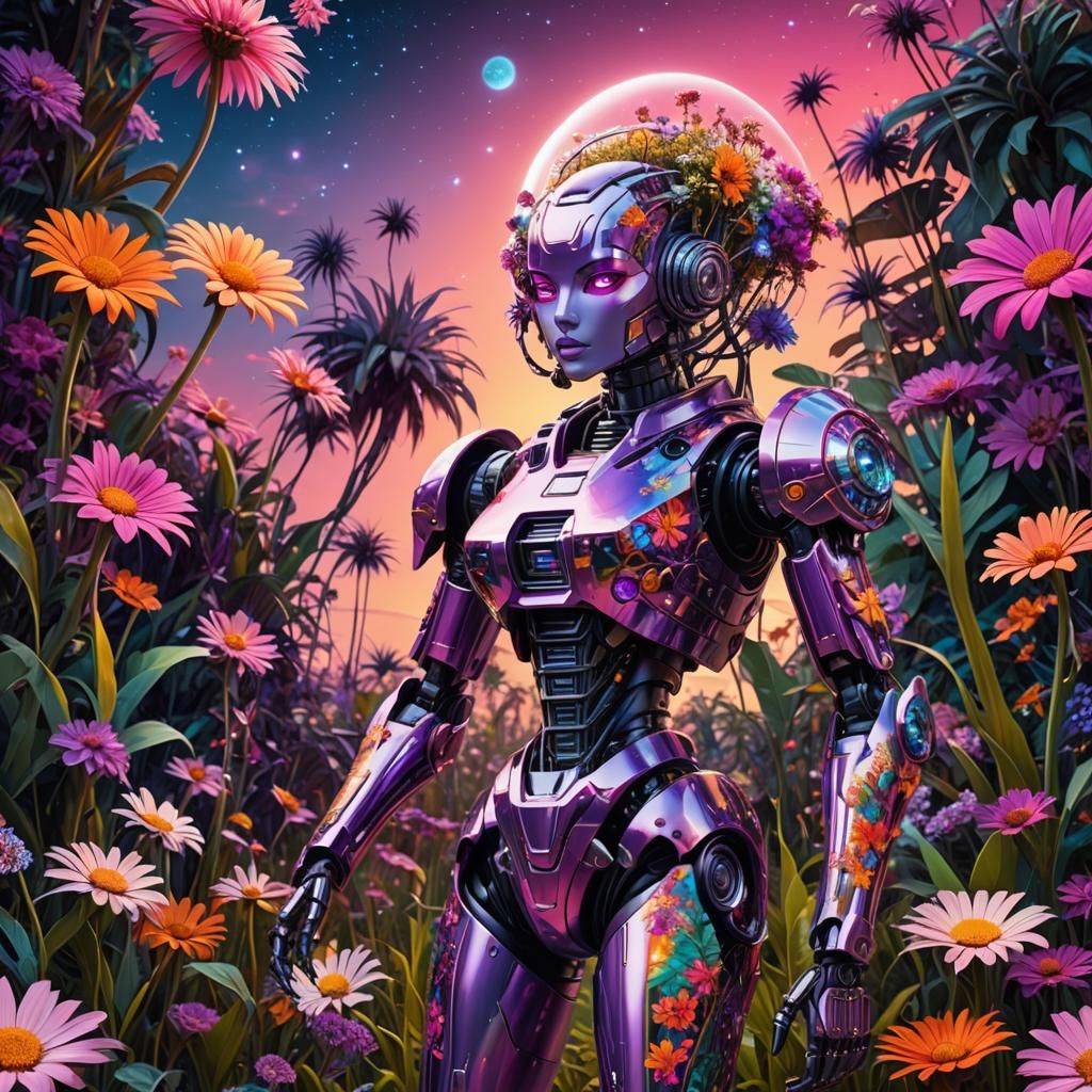 beautiful alien robot woman in alien forest