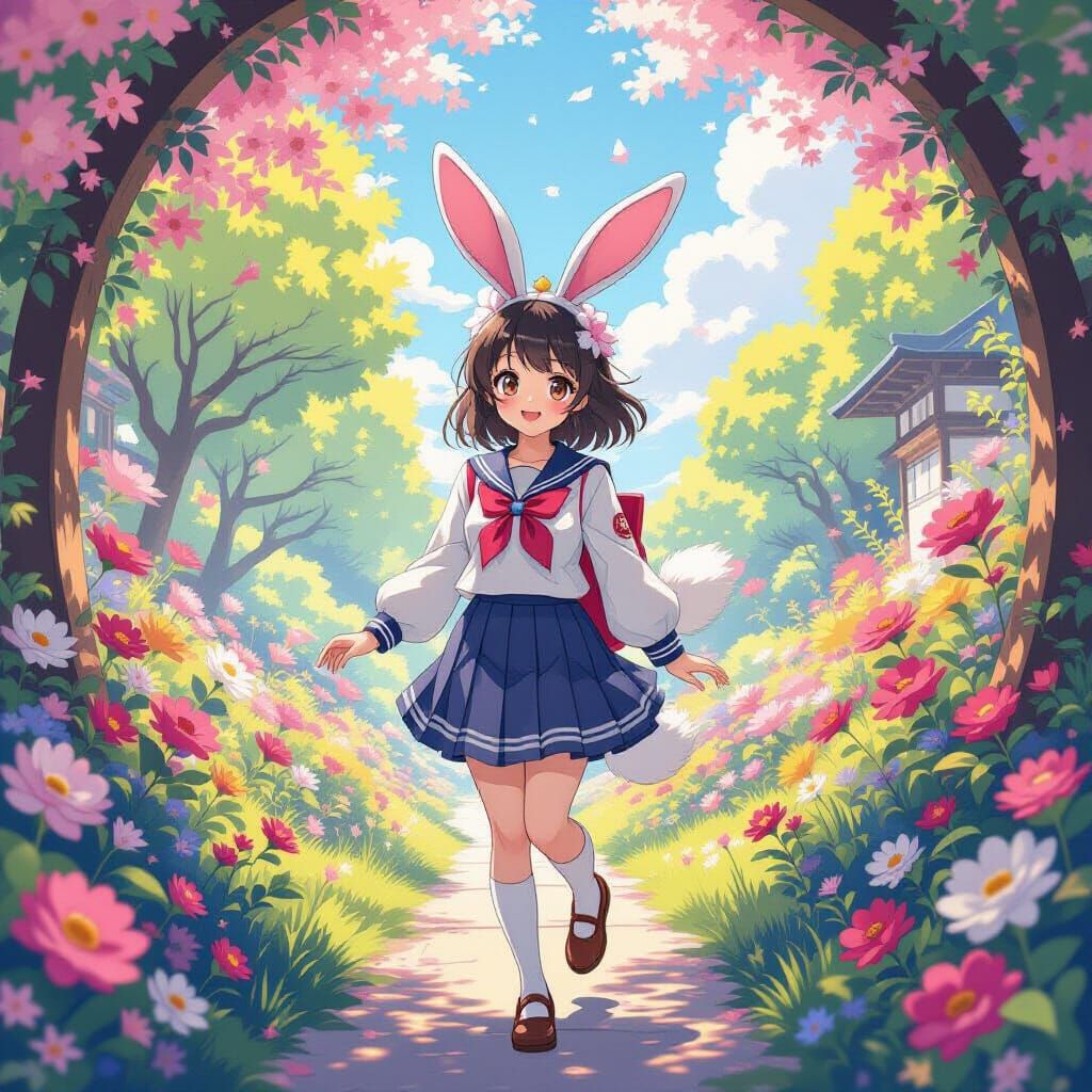 Anime Girl in Dreamy Paradise, Murakami-Ghibli Style