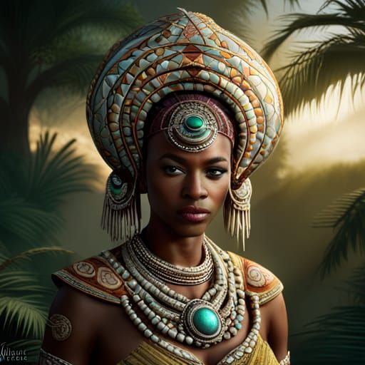 realistic, full body, african Queen, big headress, jewellery, white ...