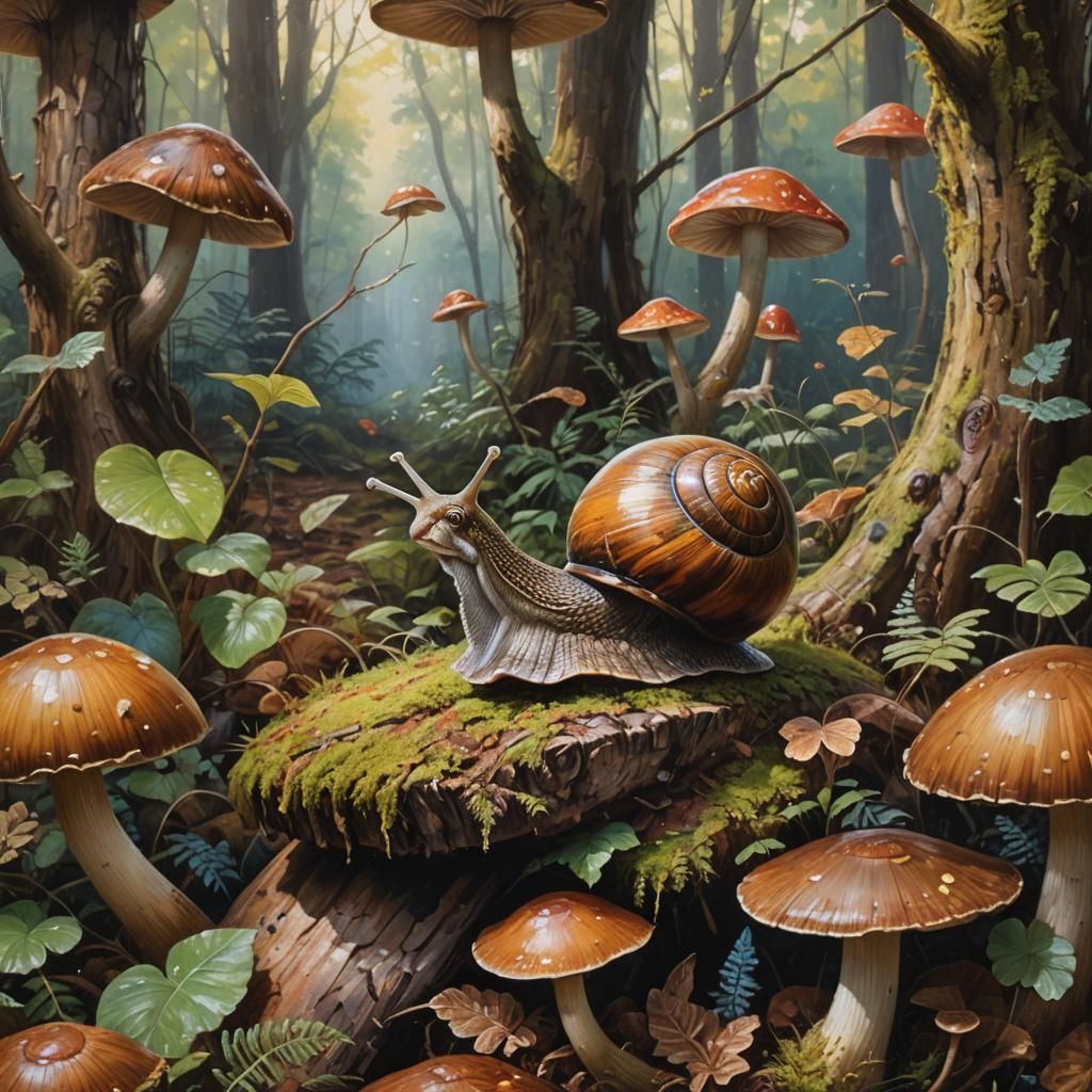 snail on a boletus mushroom cap in a fairytale forest early in the morning
