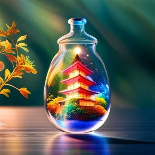 Japanese Houses in Glass Bottle: Cosmic Illustration