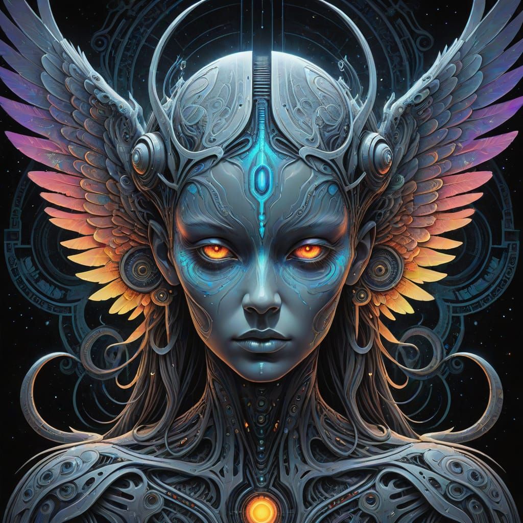  In the style of a blacklight poster is an Alex Grey inspired winged fallen lilith being covered in dripping colorful eye patterns, [[influe...