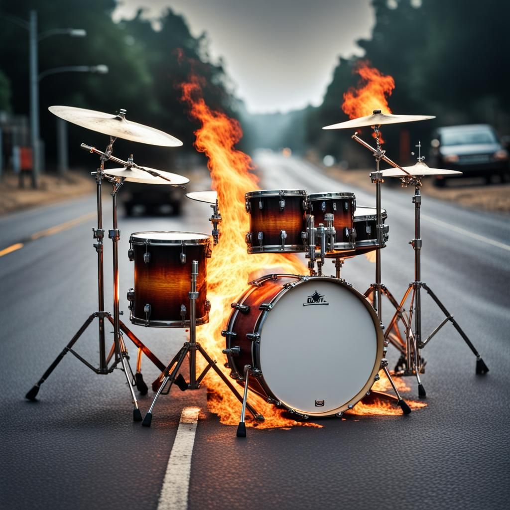 Drum set on fire. The drums are in the middle of a road.