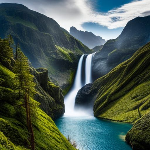 Waterfall and mountains
