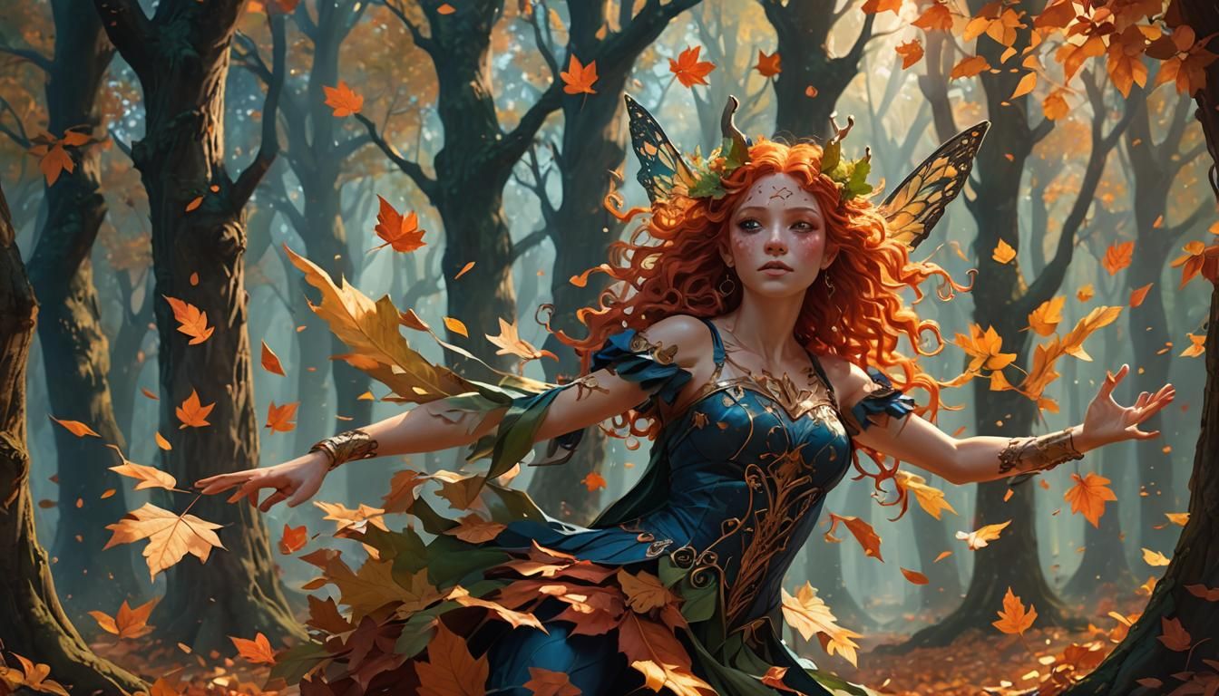 A beautiful wood nympth with pointy ears, red and orange cur...