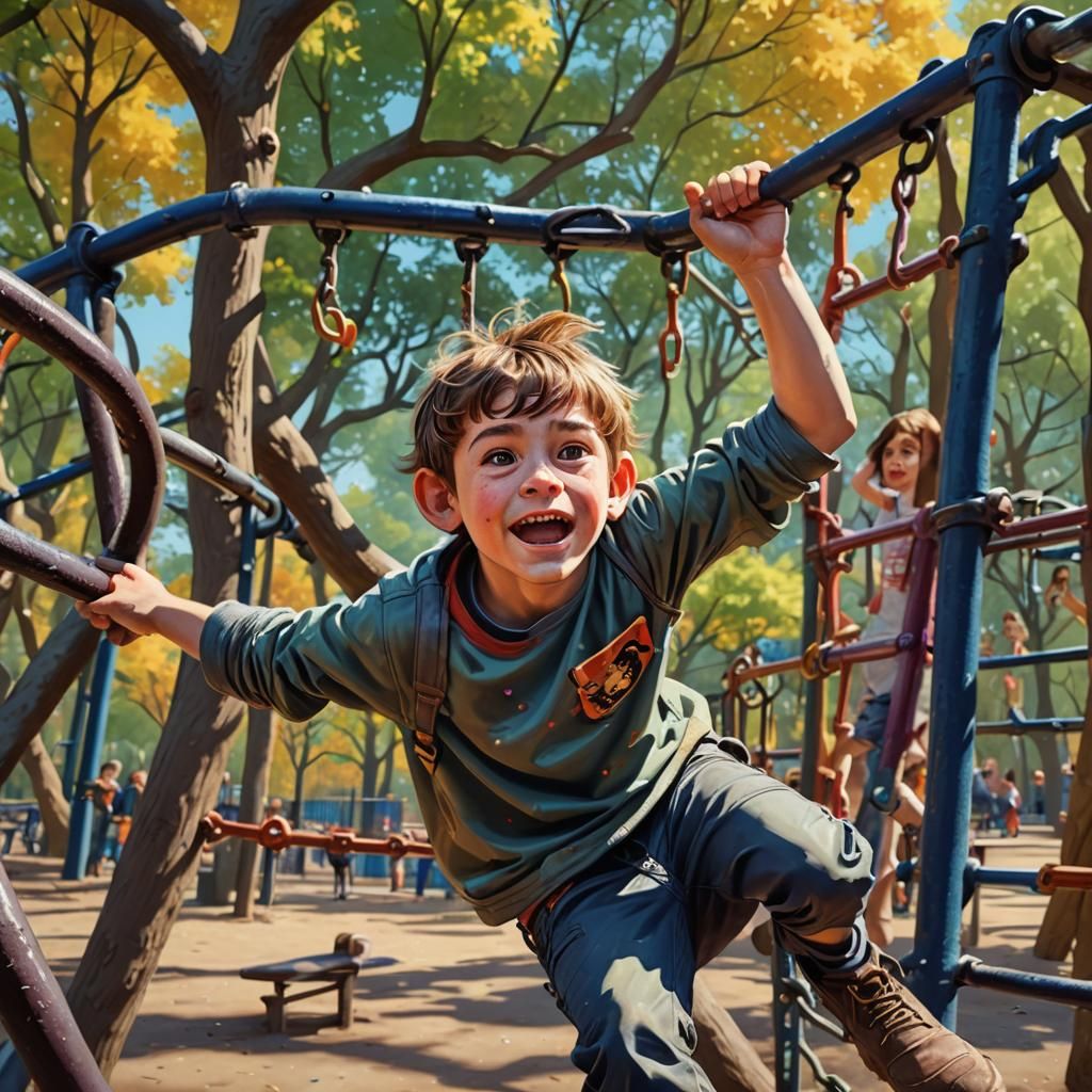 A Kid playing on the monkeybars at park