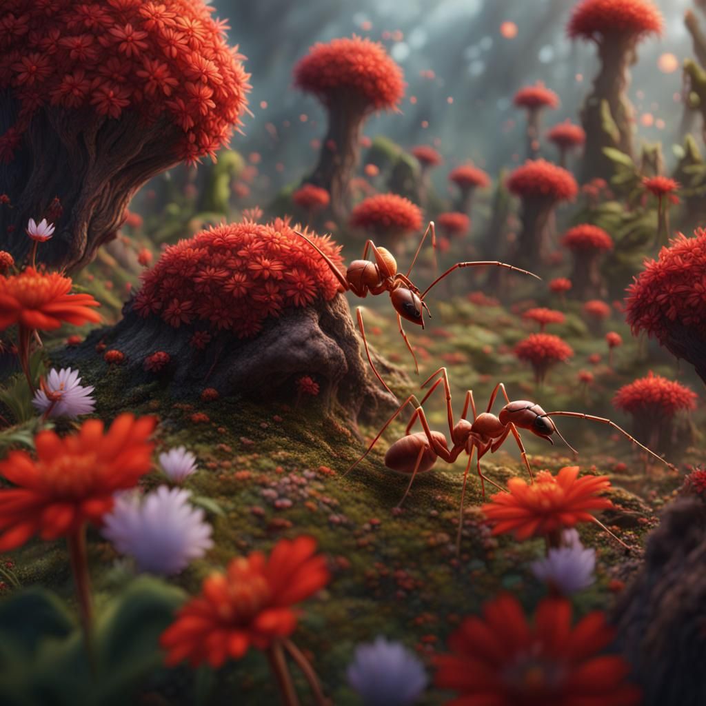 red ant army colony picking up flowers. - AI Generated Artwork ...