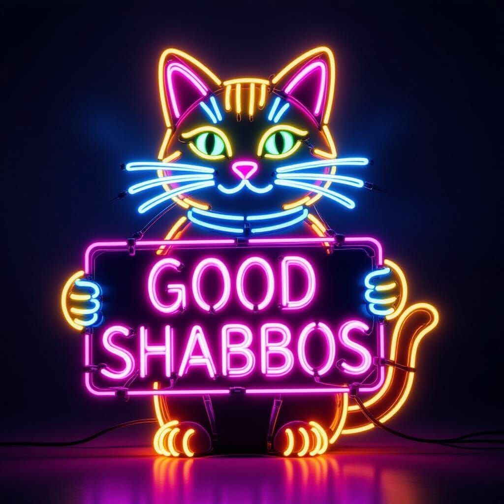 Neon Cat Sculpture Holding 'Good Shabbos' Sign