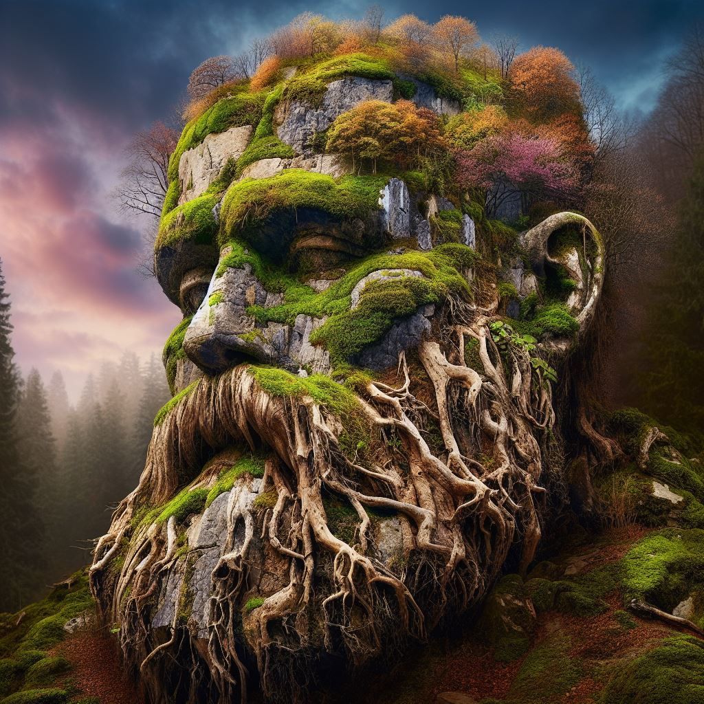 A bearded man's head made of ancient weathered stone with a landscape growing on it amidst trees and roots and vines and...