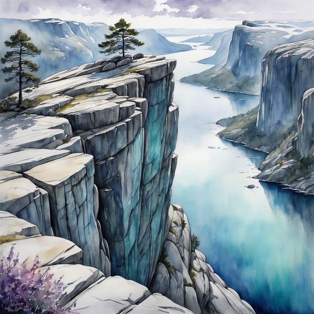 Preikestolen Rock in Norway, Watercolor Painting.    by @EllaMoonDesign
