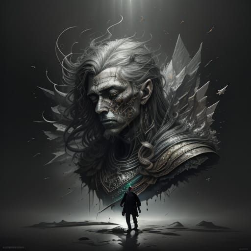 A split-portrait of a person standing between two worlds—one side bathed in radiant light, eyes wide with manic energy; the other cloaked in...