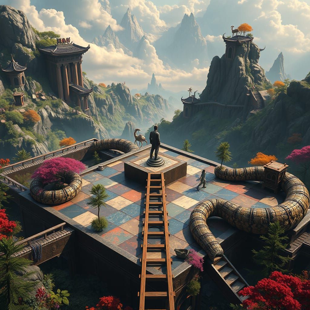 Hyperrealistic Snake and Ladder Game Board in Fantasy Settin...