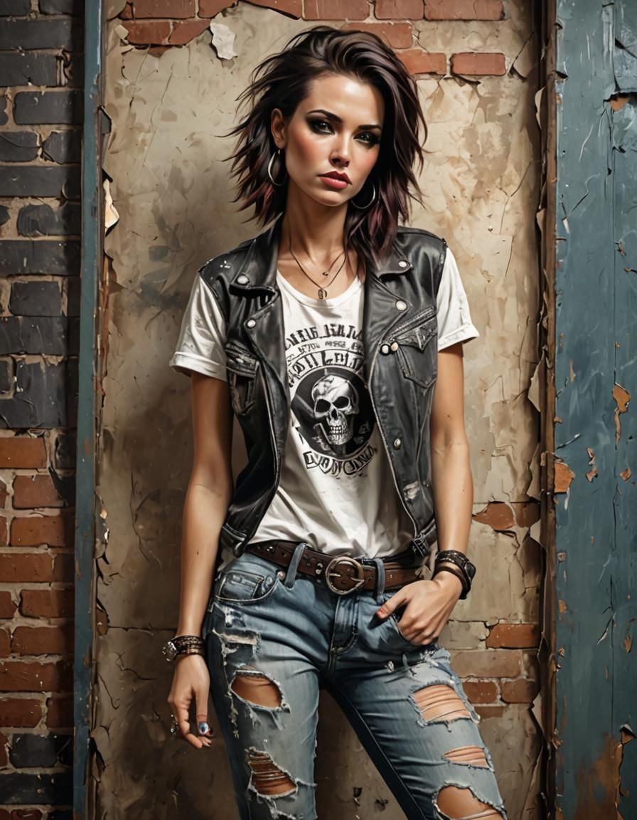 beautiful sensual feminine retro rocker woman, wearing a t-s...