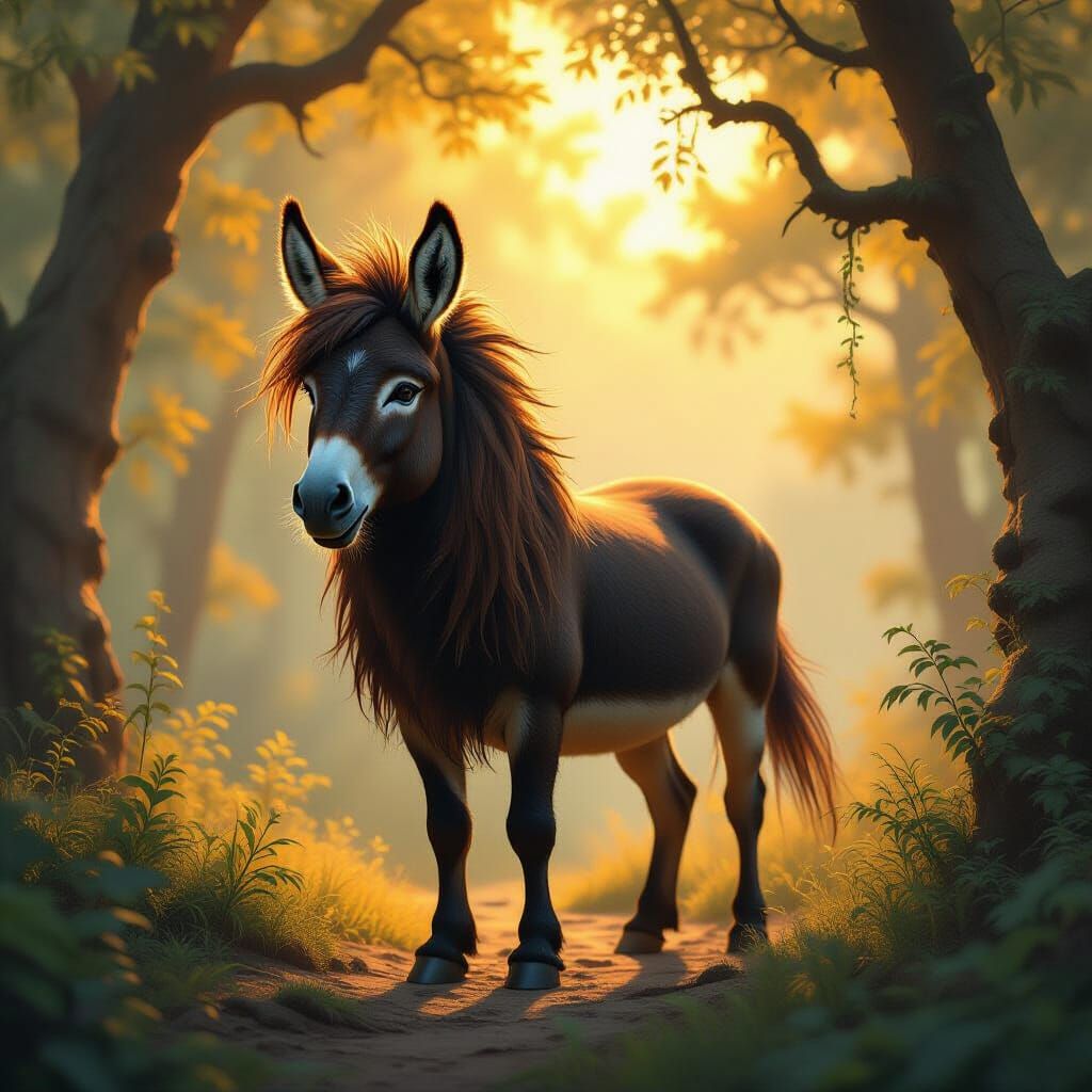 Fantasy Donkey with Lion Mane in Mystical Forest