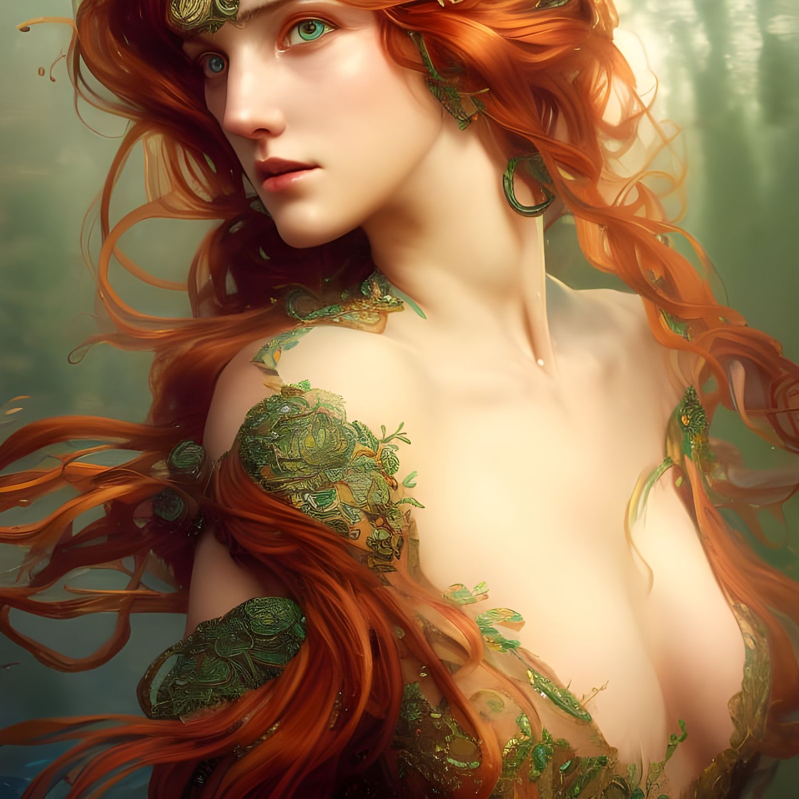 Sea goddess with ling copper hair, green eyes and intricately embroidered  gown. head and shoulders portrait, 8k resolution concept art portr... - AI  Generated Artwork - NightCafe Creator