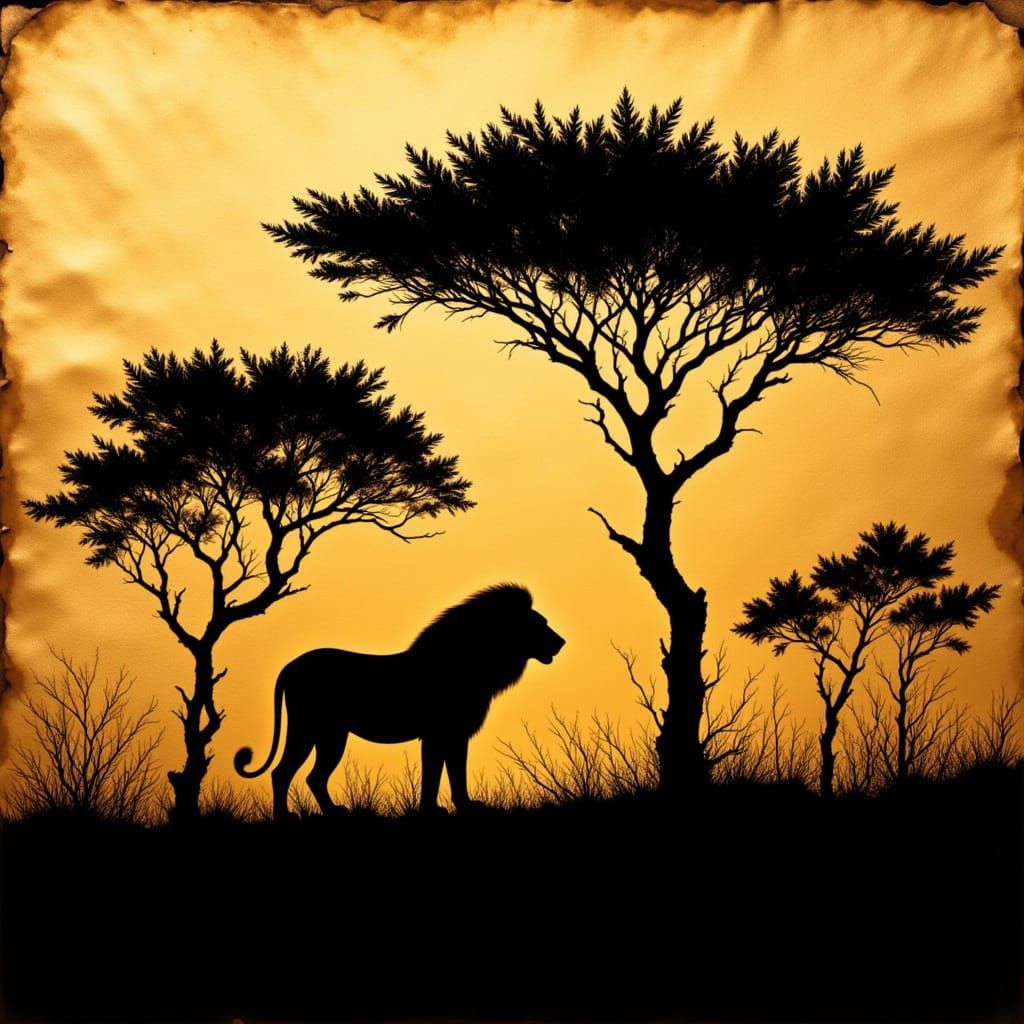 DeXp Silhouette of a lion with acacia trees seen through the silhouette on a gold leaf background <lora:Lovely Ink:1.0> <lora:The DeXp of Re...