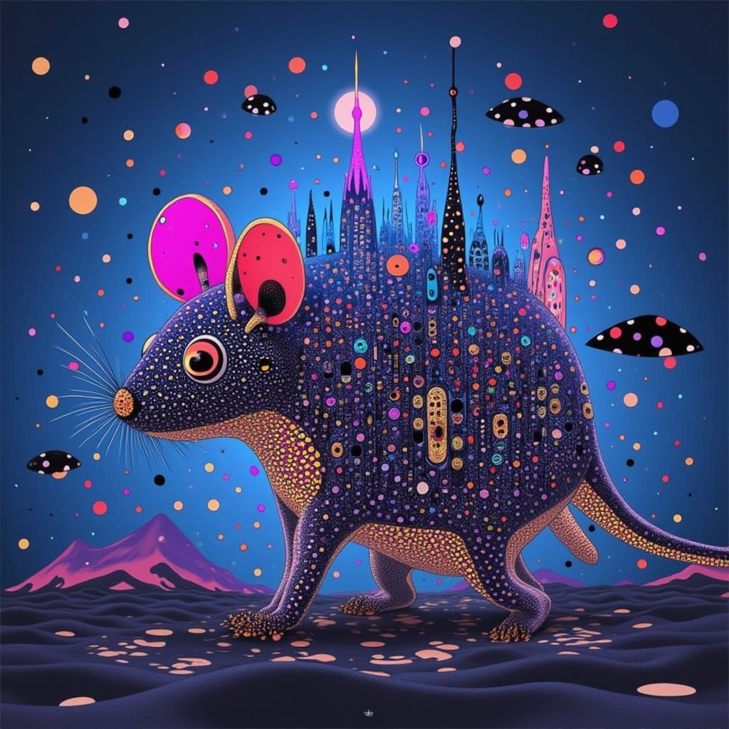 <lora:SCREAMING DOTS -EVIL:1.0> Double exposure art of a mouse and a city 