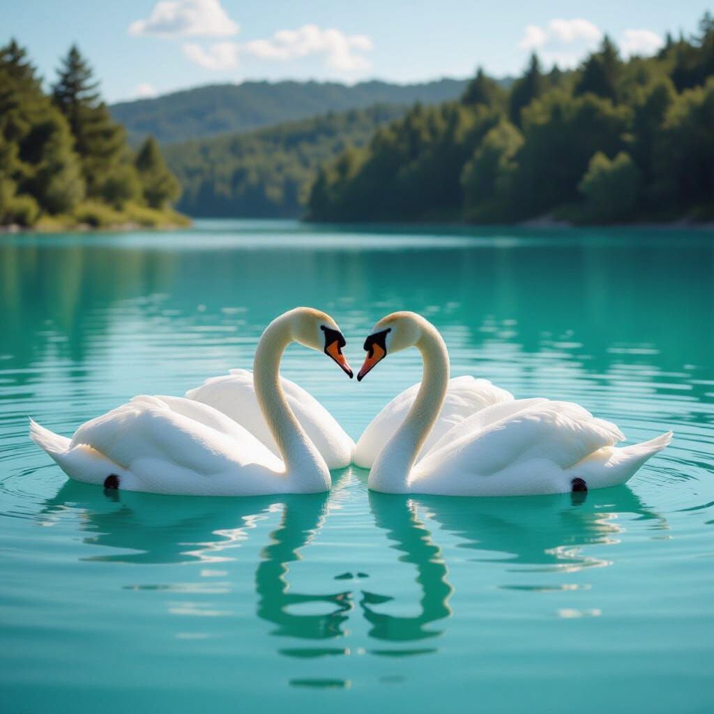 Swans Form Heart on Turquoise Lake: Cinematic Film Still