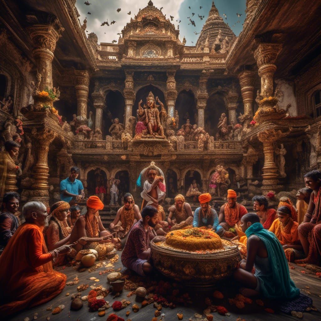 <lora:NC Hyperreal:1.0> Krishna in Vrindavan with devotees p...