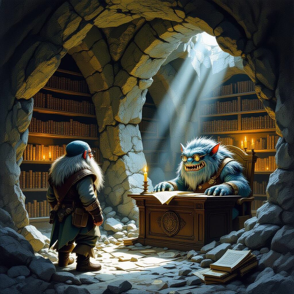 A realistic,brightly lit underground library in a cave has had the wall broken down and a miner dwarf is blinking in the light as he stands ...
