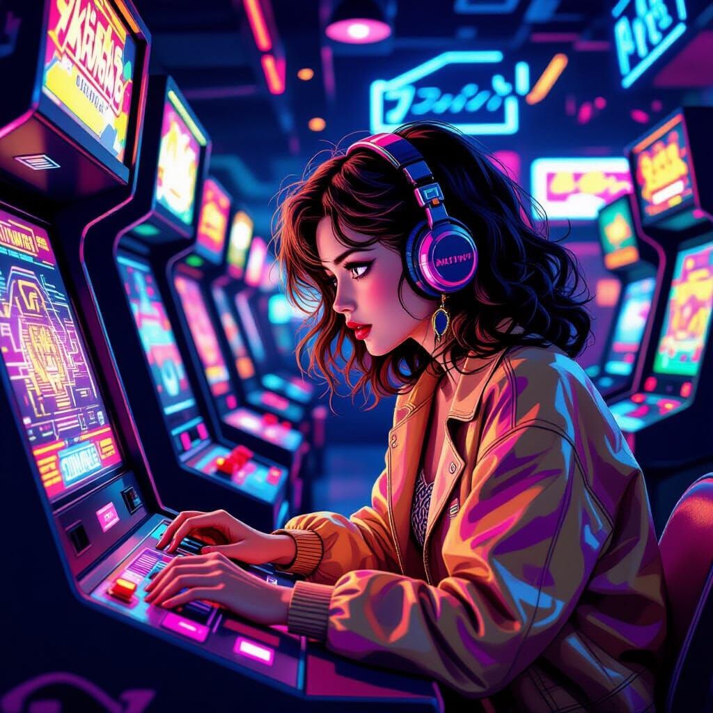 A vintage 1980s arcade, filled with glowing screens and the sounds of electronic music. A young woman ...  by @Possum_cakes