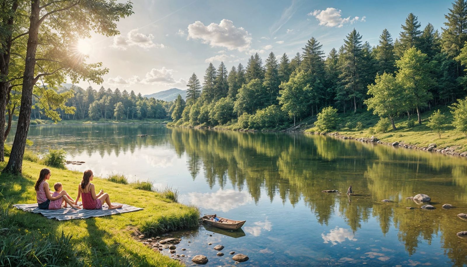Describe a warm sunny day. Small family getting sun baths next to a fresh lake surrounded by nature. ...  by @Jokavld