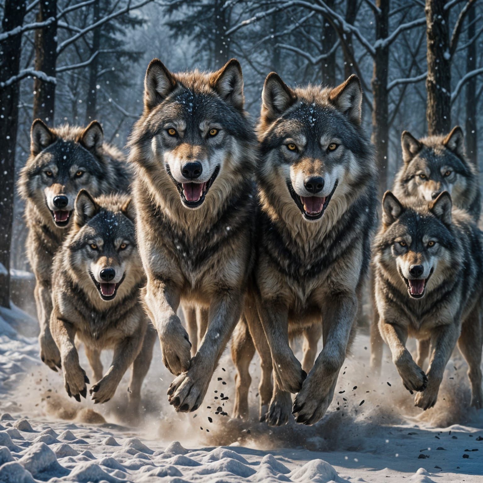 Wolves Charging in a Dynamic Attack Scene