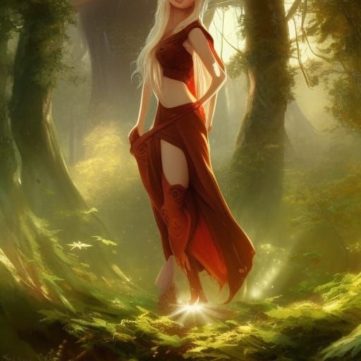 Female elf under a big mushroom in the woods