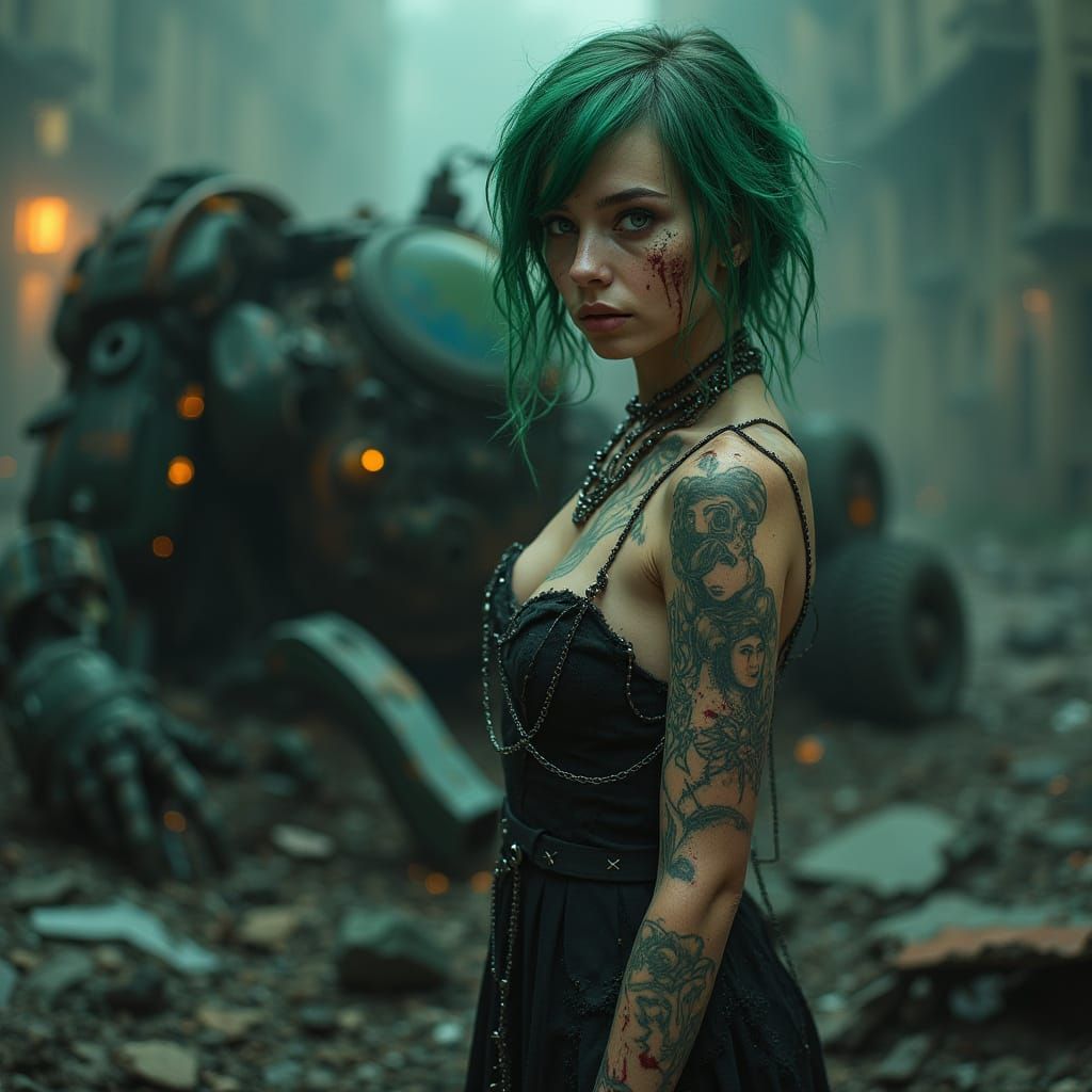 Dark Goddess Amidst Biomechanical Ruins in Cyberpunk Style