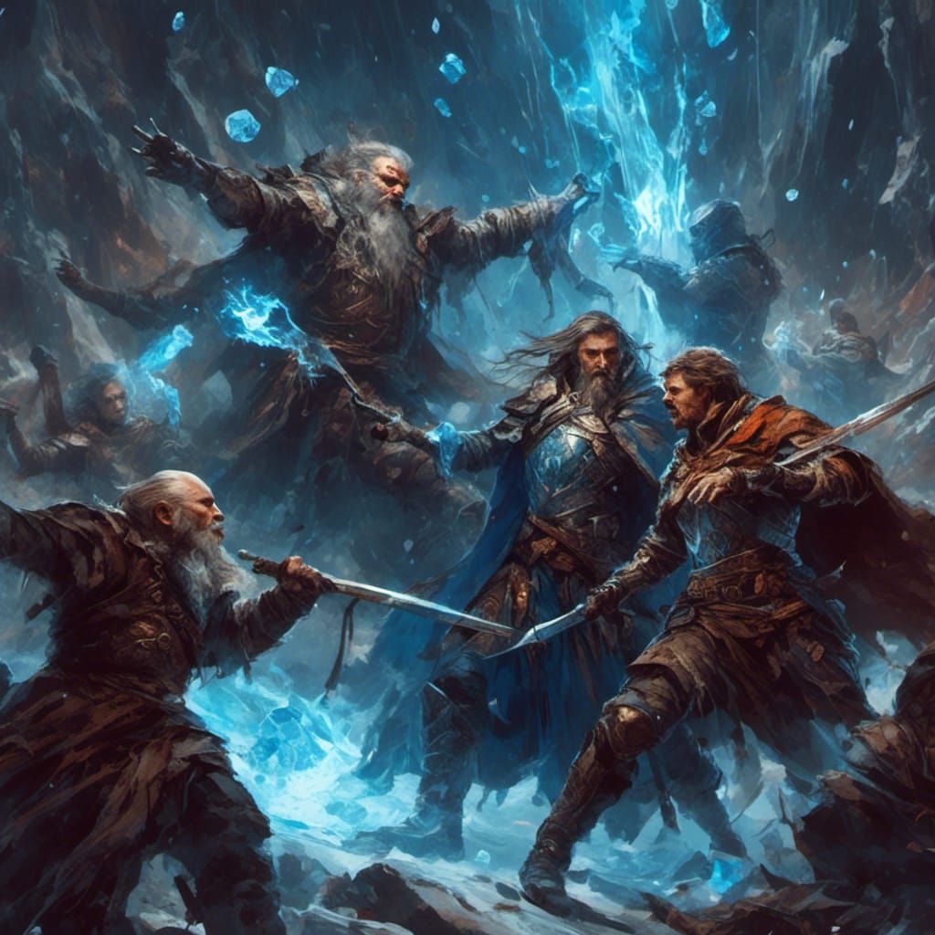 <lora:Macabre:1.0> <lora:NC Hyperreal:1.0> Silhouettes of a Dwarf, human rouge, and female knight fighting one powerful man. In the backgrou...