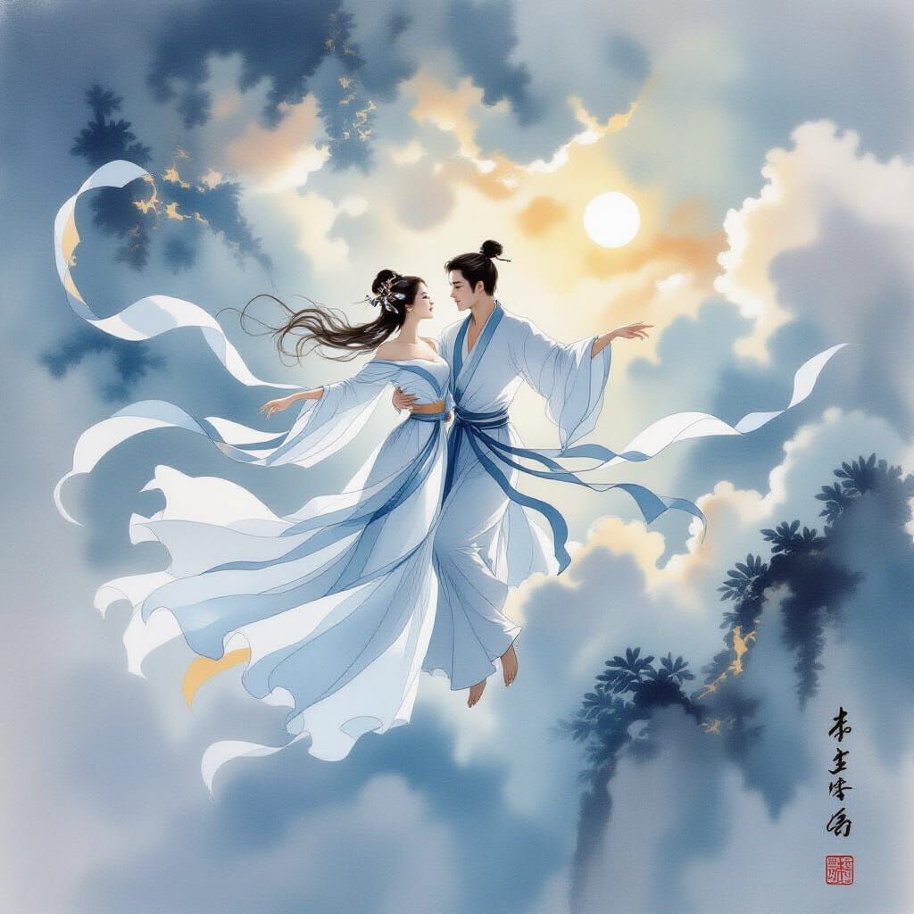 Couple Dancing in Clouds Chinese Ink Wash Style