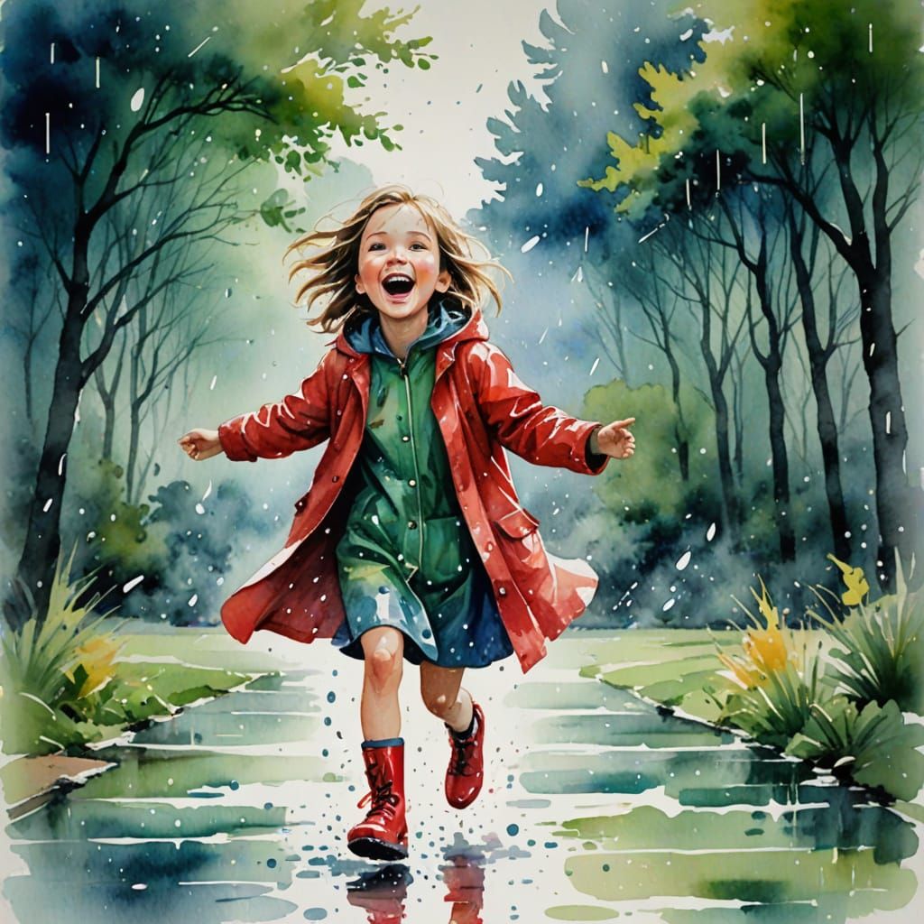 A picture of a little girl in a red raincoat and red rainboots sticking her tongue out to catch rain ...  by @Luna