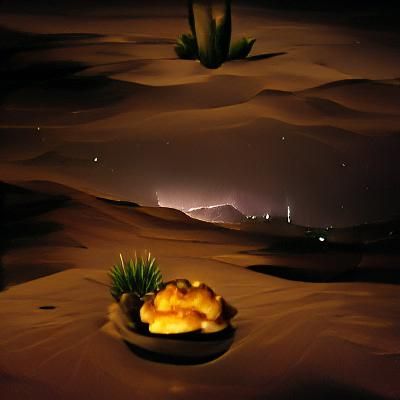 Desert at night with a thunderstorm in the distance