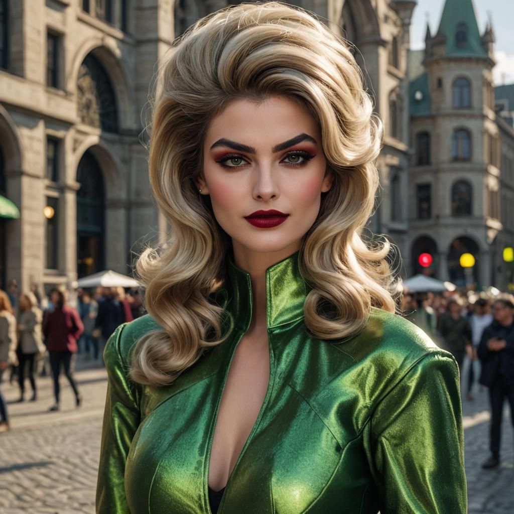 Blonde Woman , ( voluminous green 1970’s hairstyle, black ey...
