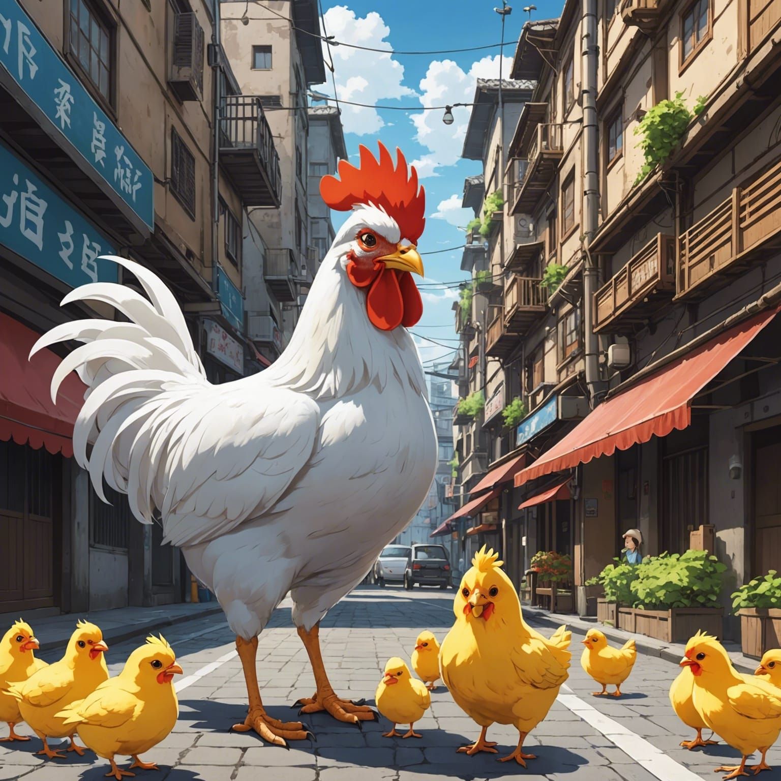 Un pollito y su mamá gallina, en una ciudad fantastica habit...
