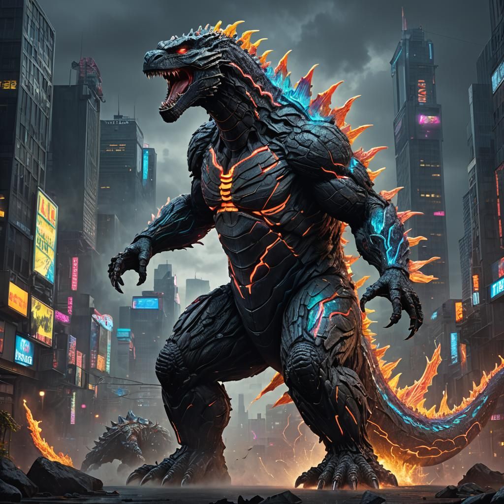 Godzilla with neon veins and dorsal plates