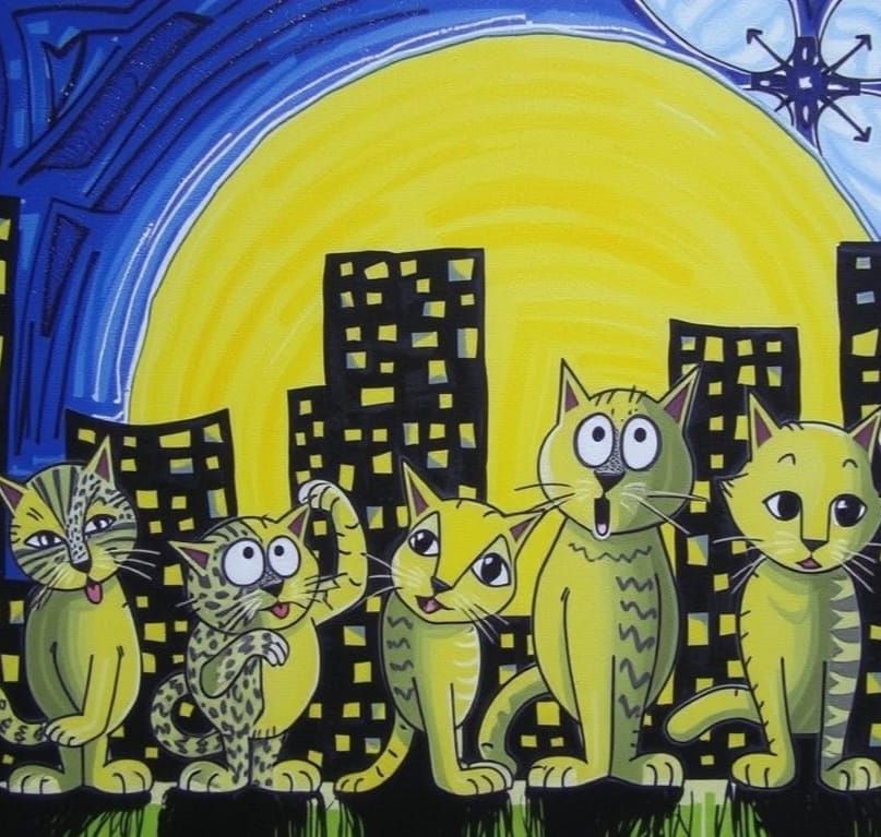 Whimsical Feline Cityscape at Midnight