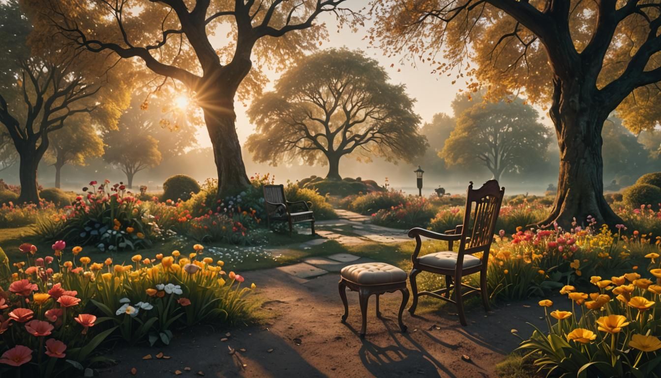 A beauty park with chair in the morning