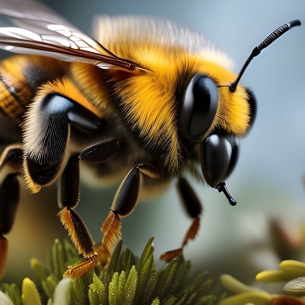 Hyperrealistic Bee in Flower Meadow, Detailed Digital Art