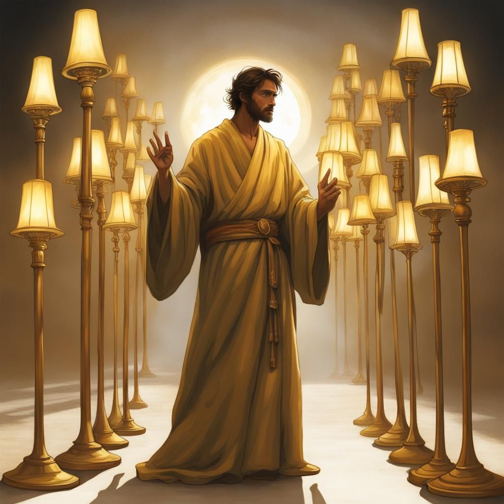 Figure in Gold Robe Among Lampstands