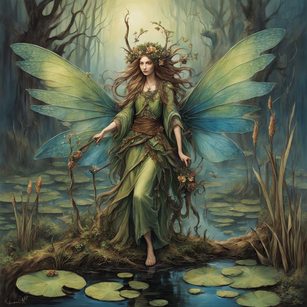 design a swamp fairy covered in moss, vines, and mud, emerging from a murky bog. Her wings are made of ...  by @JayRa