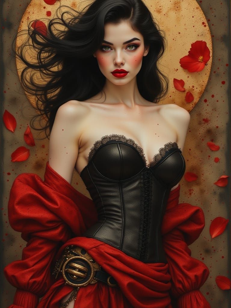 Steampunk Femme Fatale in Crimson Lace and Brass Cogs