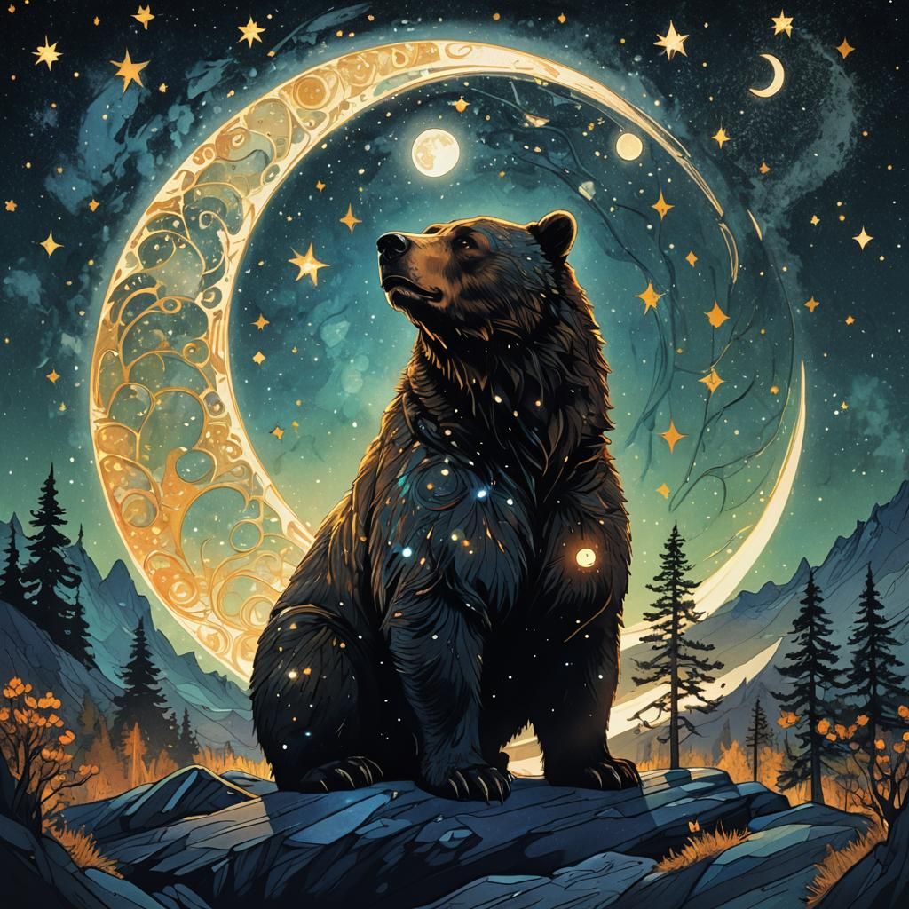 Starry bear enjoys the view of crescent moon🌙