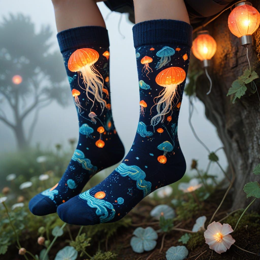 A pair of cosmic jelly fish sock.  by @boozysuzy
