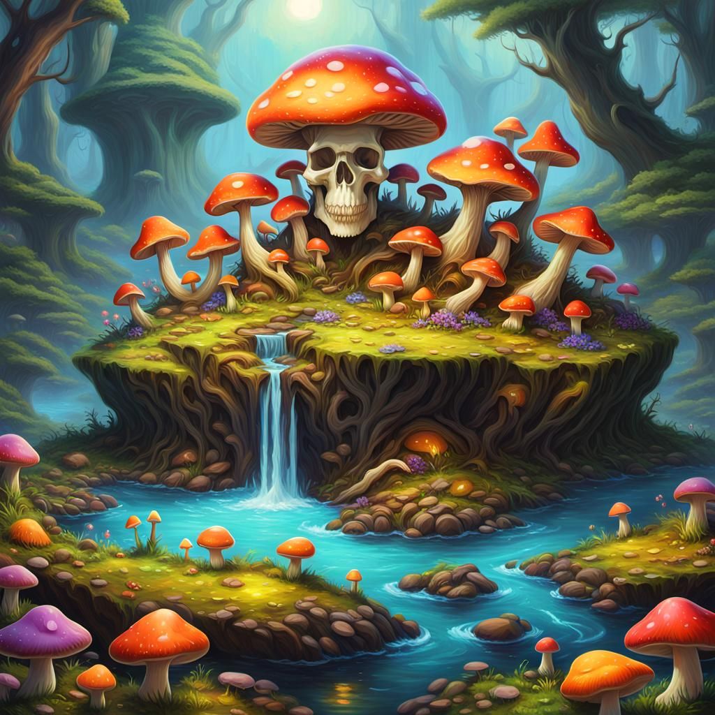 Fantasy Art: Mushrooms and Skull on Island