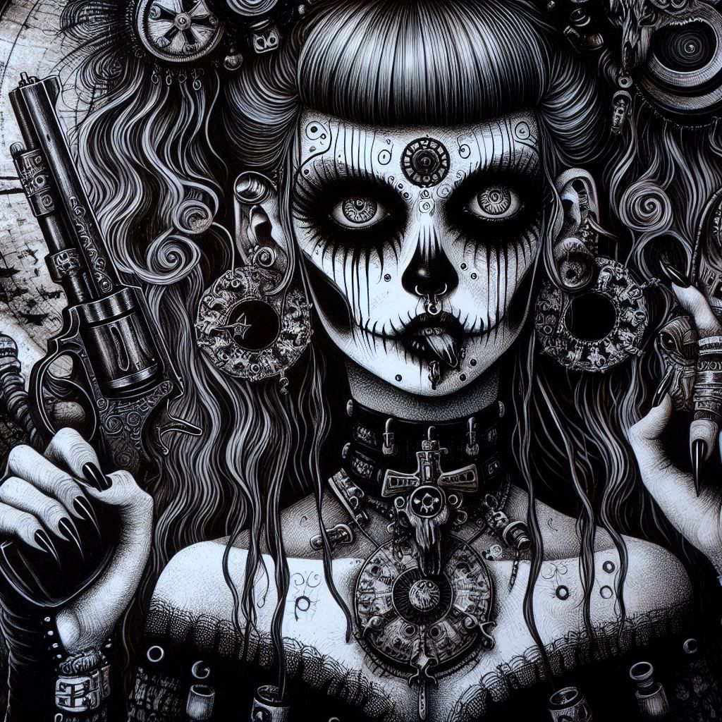 liquid ink, realistic portrait of a pouty goth-punk woman staring at the viewer, amused