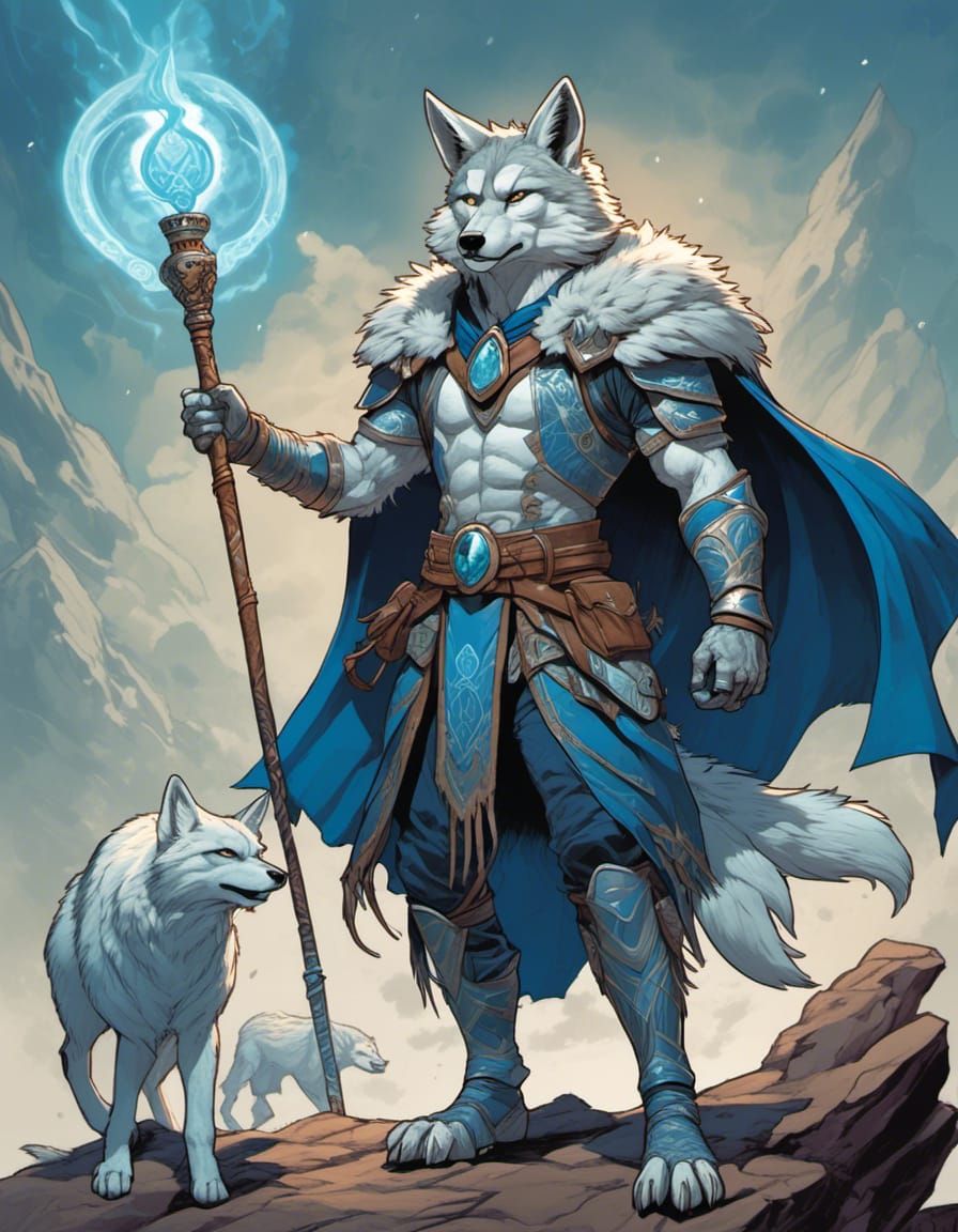<lora:5E:1.0> Silver gray fur. Coyote Storm god.  A magical ...