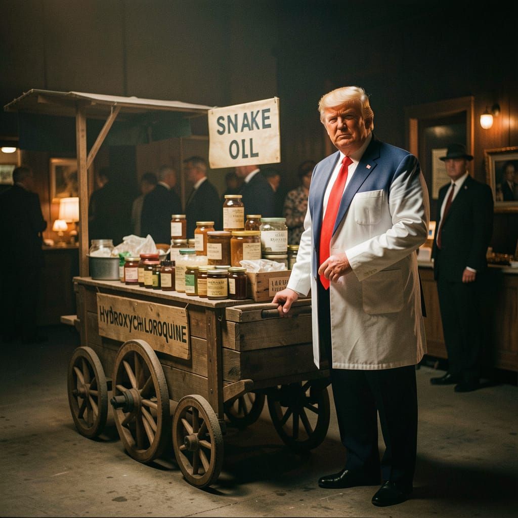Trump is a snake oil salesman with a cart labeled "hydroxychloroquine"
