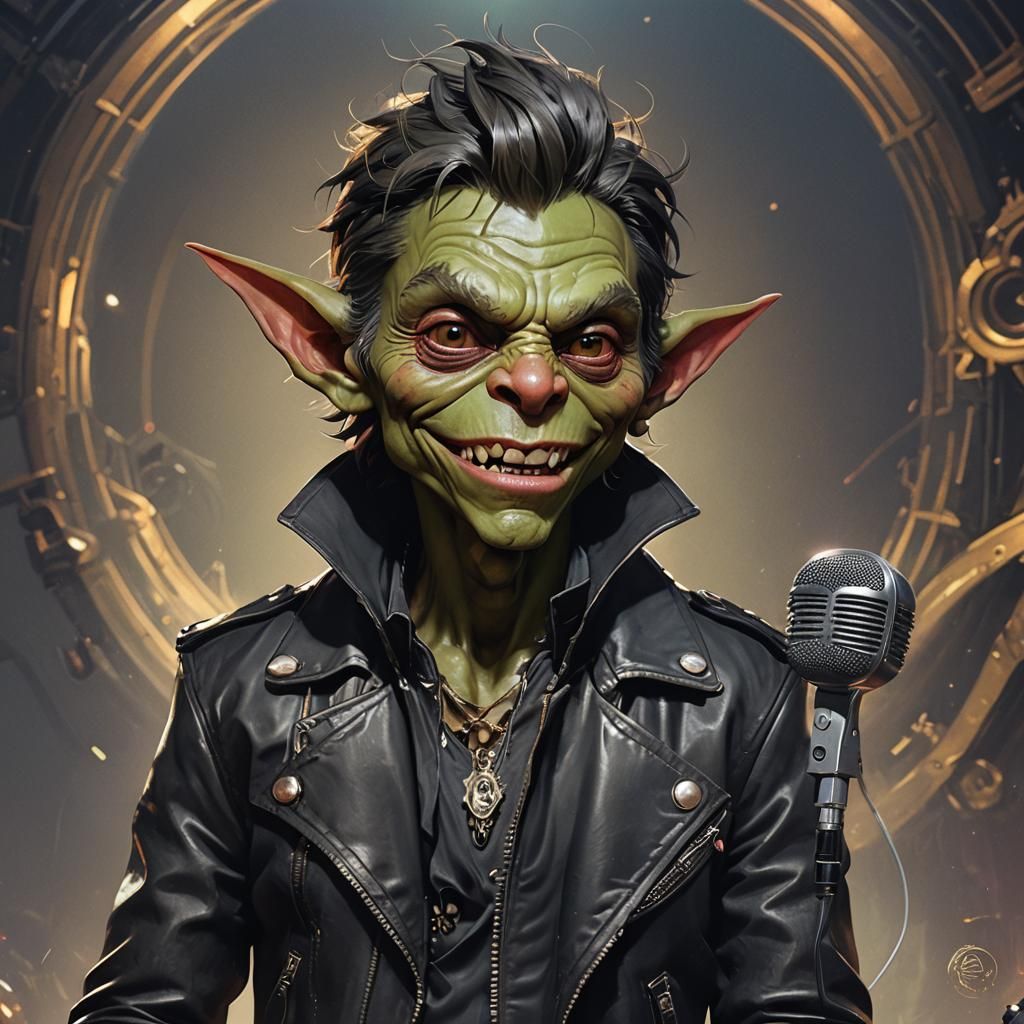 R&B goblin singing on microphone wearing black leather jacke...